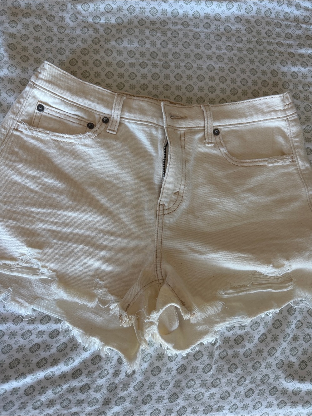 aerie Cream Distressed High-Rise Denim Shorts